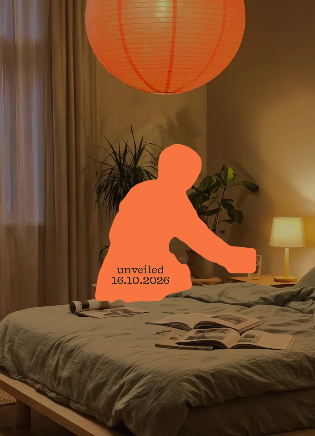 Silhouette of Plim kneeling at a bedside in a lamp-lit bedroom. Unveiled 16.10.2026.